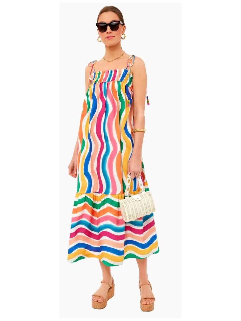 FARM RIO Multicolor Wavy Dancing Stripes Beaded Tassel Rainbow Maxi Dress XS